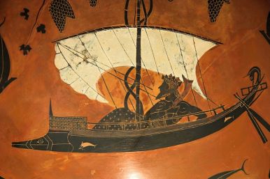 Dionysus in the rudderless boat...painted plate 530 bc